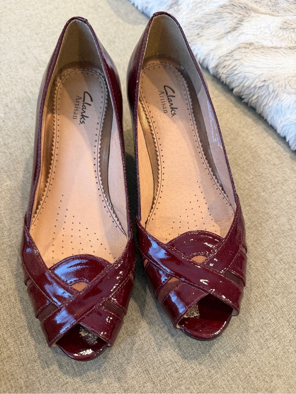 Clarks Burgundy Patent Leather Peep-Toe Flats